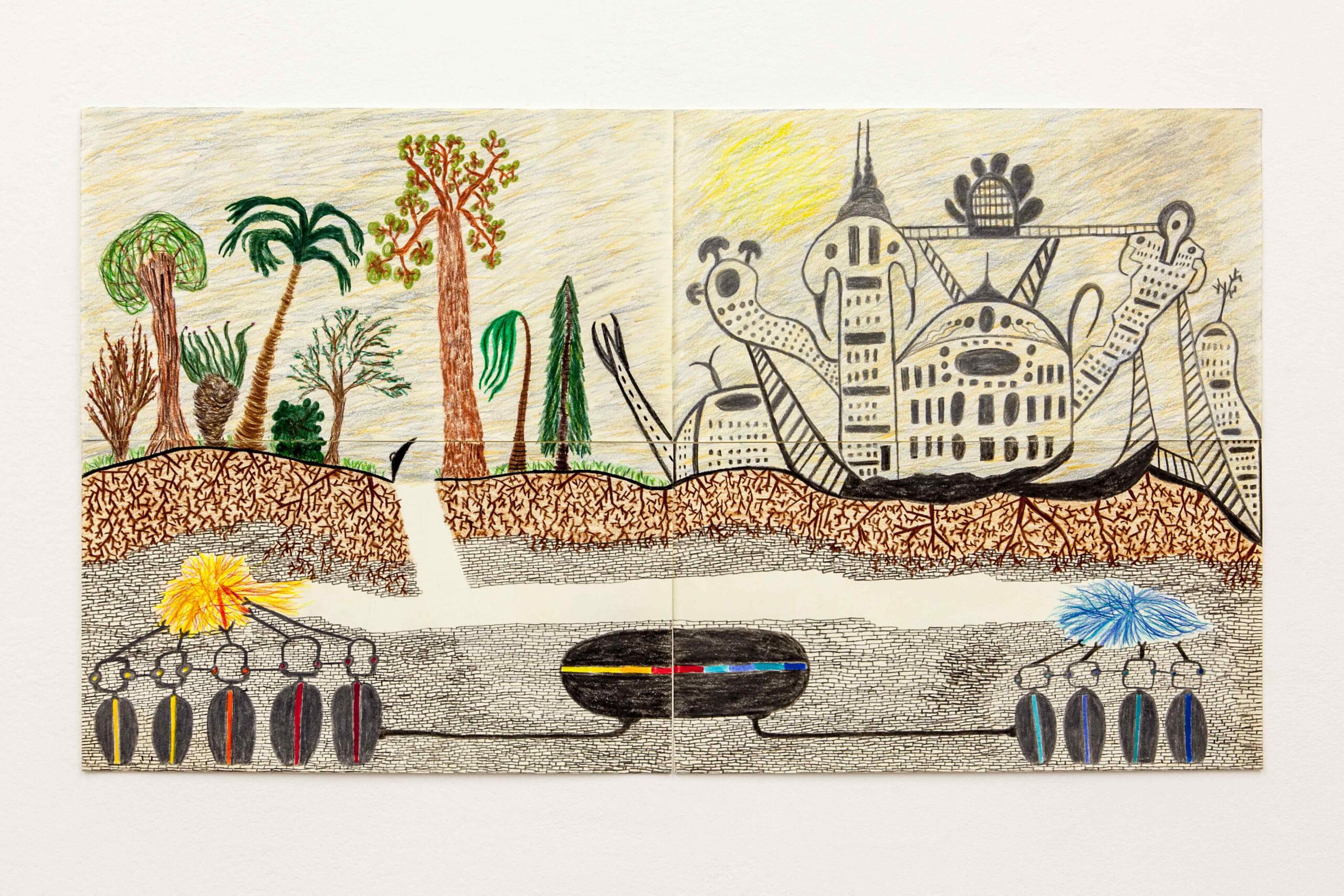 A hot summer in California , crayon on paper, 64 x 35 cm, 2020